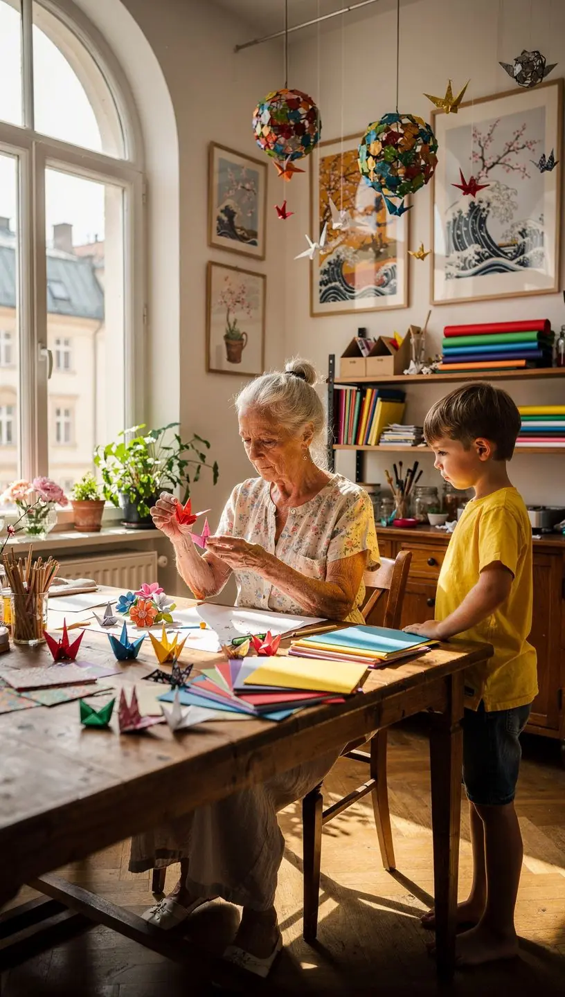 Ein Lehrer demonstriert verschiedene Falttechniken in einem Online-Kurs.