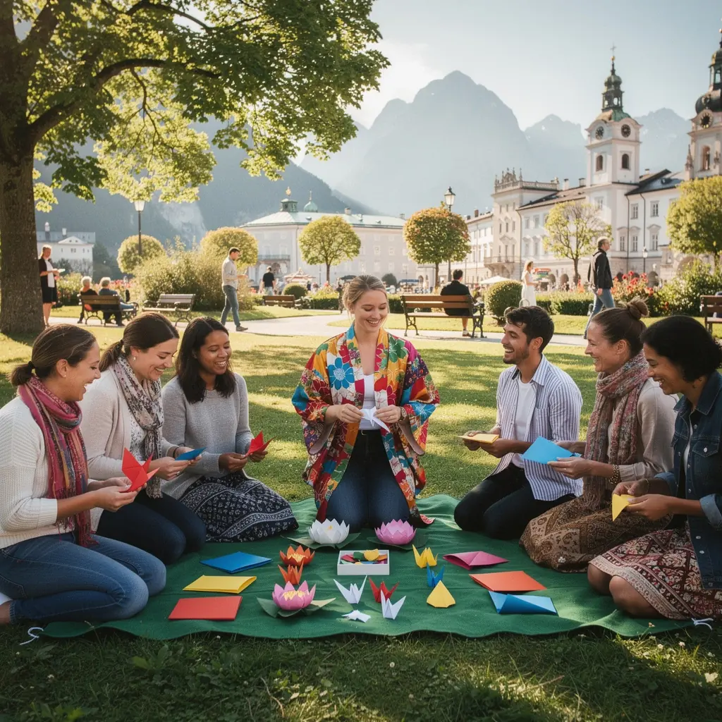 Detailaufnahme eines farbenfrohen Origami-Kranichs aus japanischem Papier.