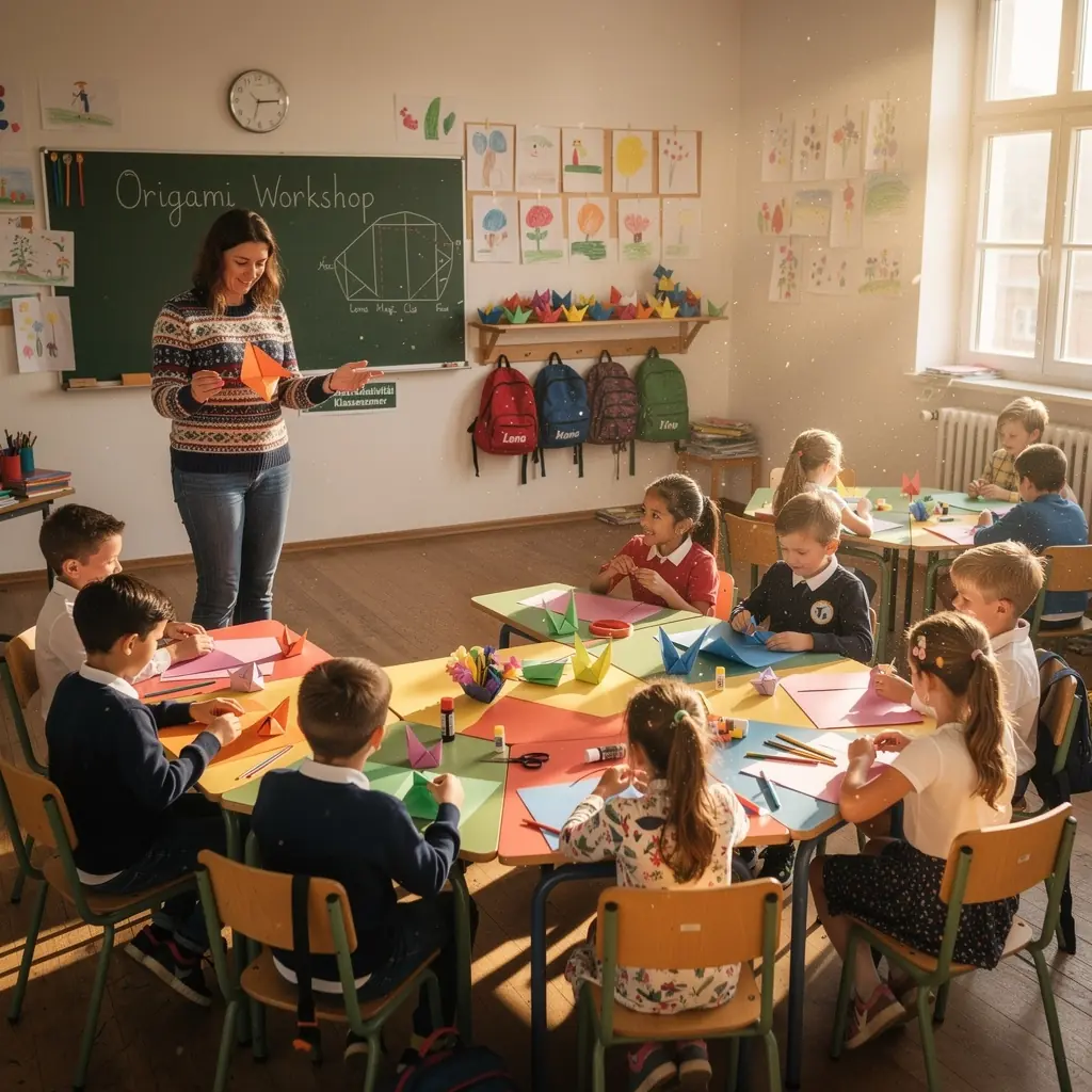 Eine Schritt-für-Schritt-Anleitung für die Falttechnik eines Origami-Schmetterlings, umgeben von verschiedenen Papierarten.