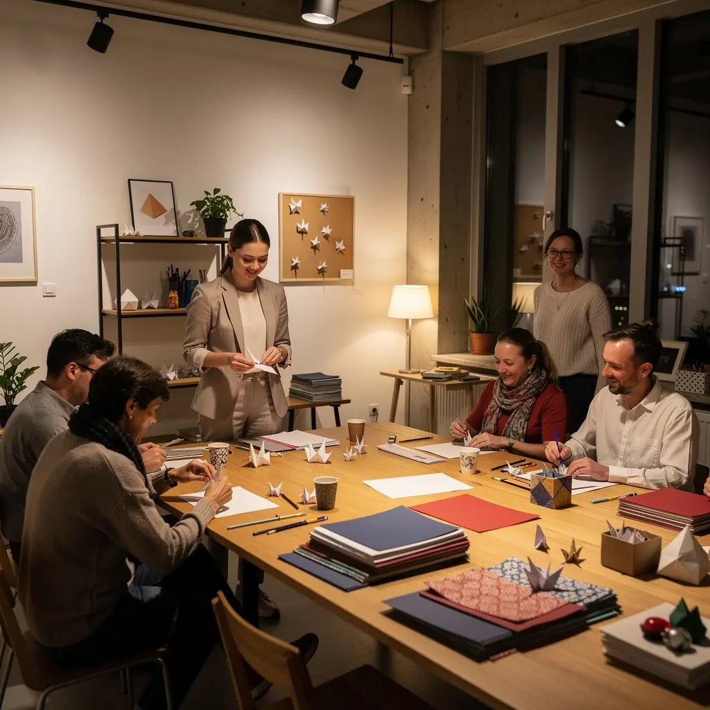 Eine Schritt-für-Schritt-Anleitung für die Falttechnik eines Origami-Schmetterlings, umgeben von verschiedenen Papierarten.