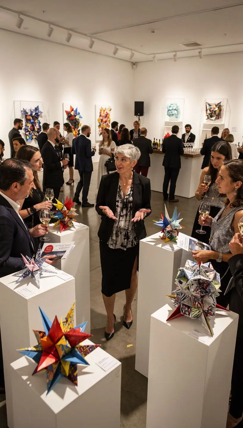 Eine Schritt-für-Schritt-Anleitung für die Falttechnik eines Origami-Schmetterlings, umgeben von verschiedenen Papierarten.