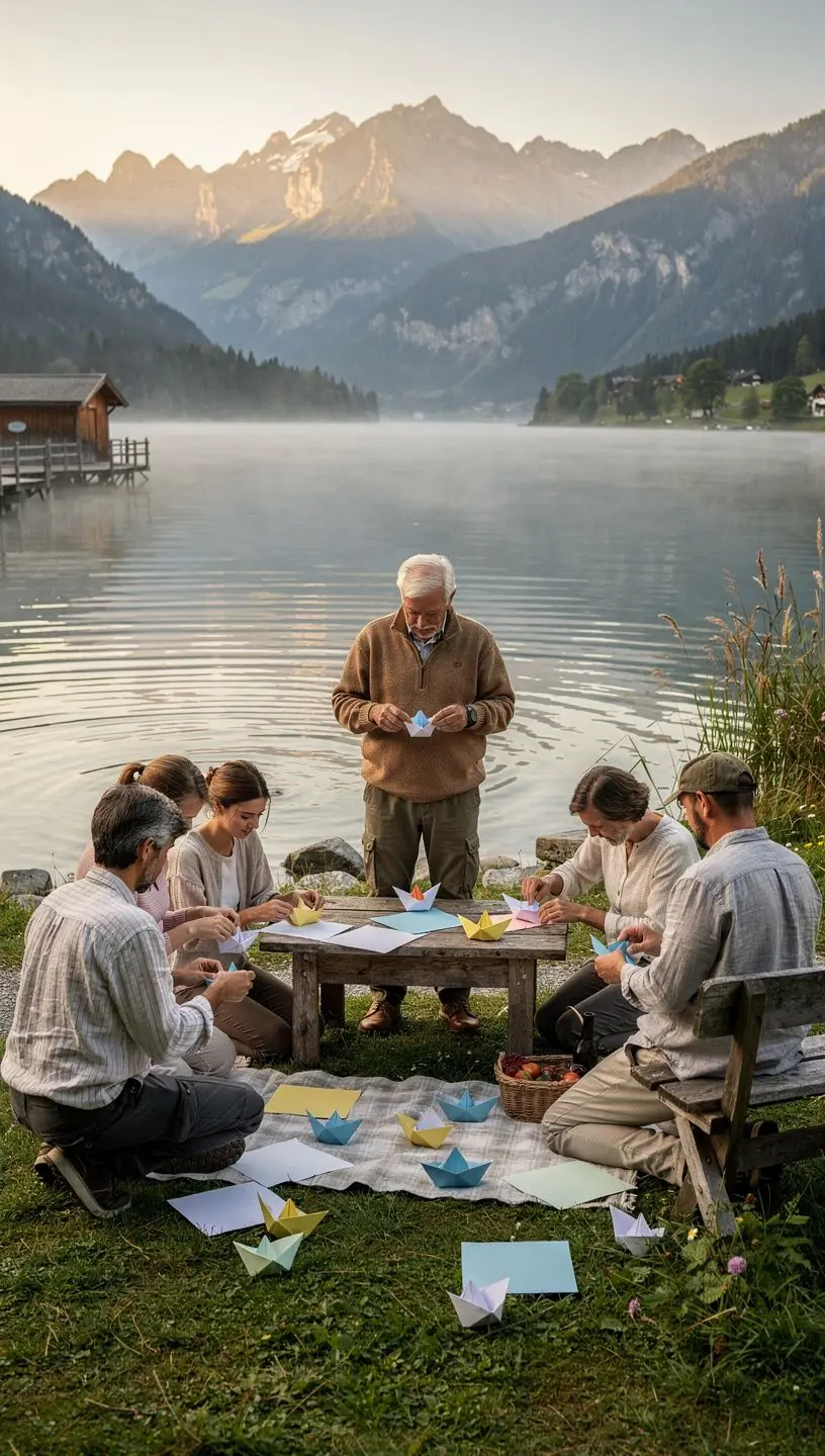 Eine Schritt-für-Schritt-Anleitung für die Falttechnik eines Origami-Schmetterlings, umgeben von verschiedenen Papierarten.