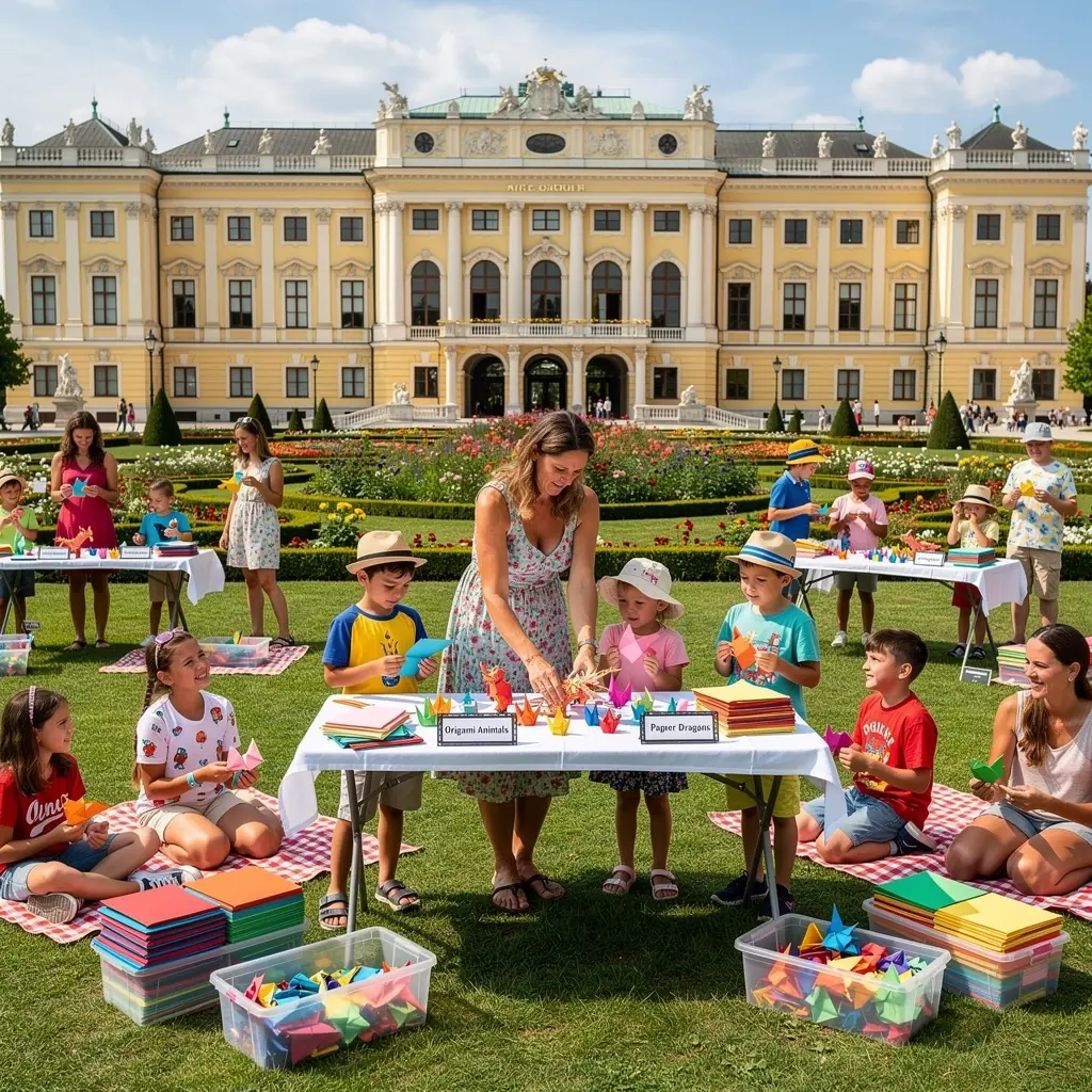 Eine Schritt-für-Schritt-Anleitung für die Falttechnik eines Origami-Schmetterlings, umgeben von verschiedenen Papierarten.
