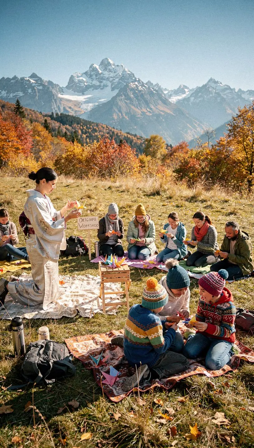 Ein gefaltetes Origami-Kranich-Modell aus buntem Papier, das auf einem Holzuntergrund präsentiert wird.