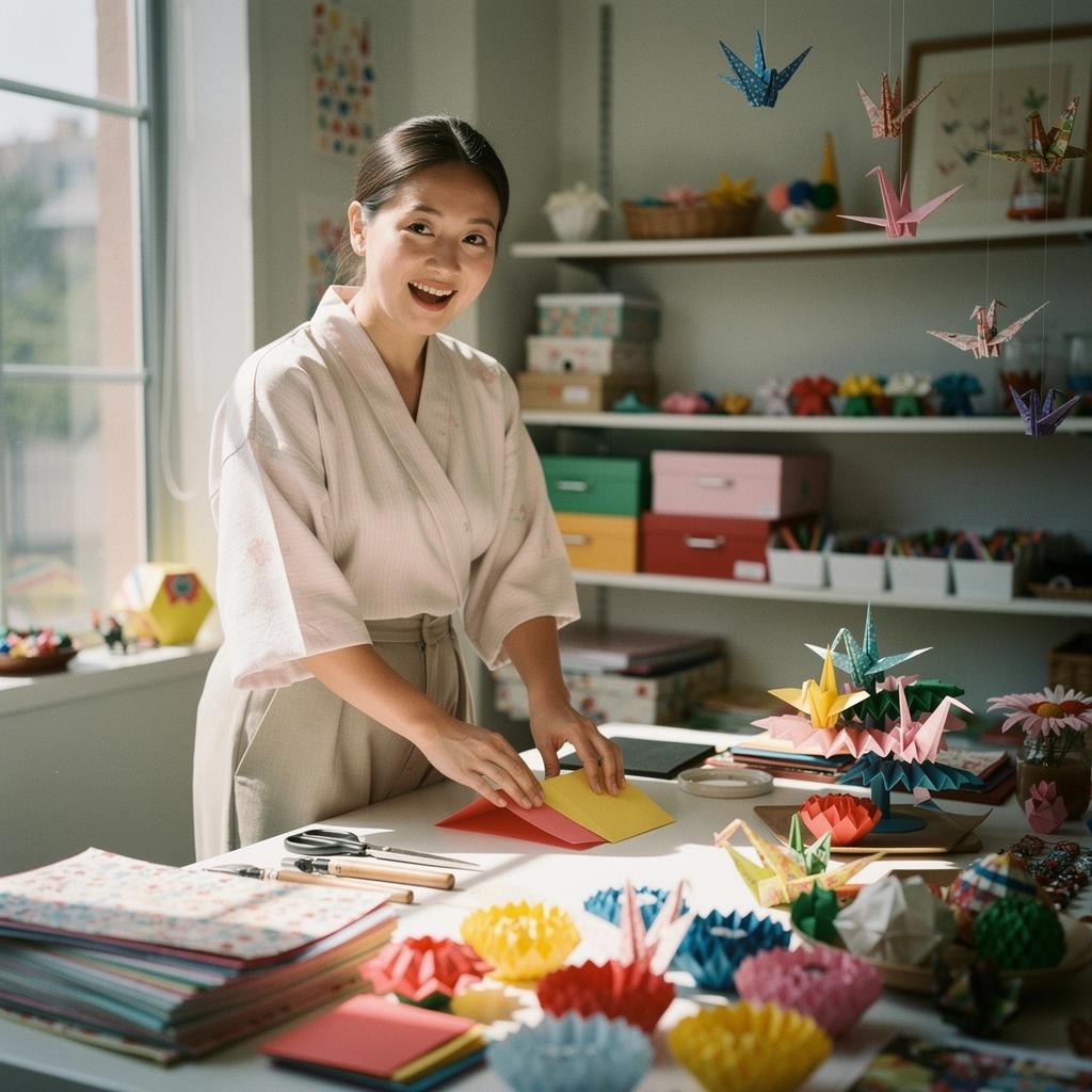 Blick auf eine Sammlung von Origami-Skulpturen in verschiedenen Größen.